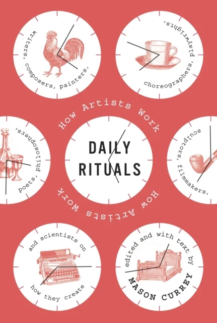 Several clocks on the cover of Mason Currey's book "Daily Rituals"